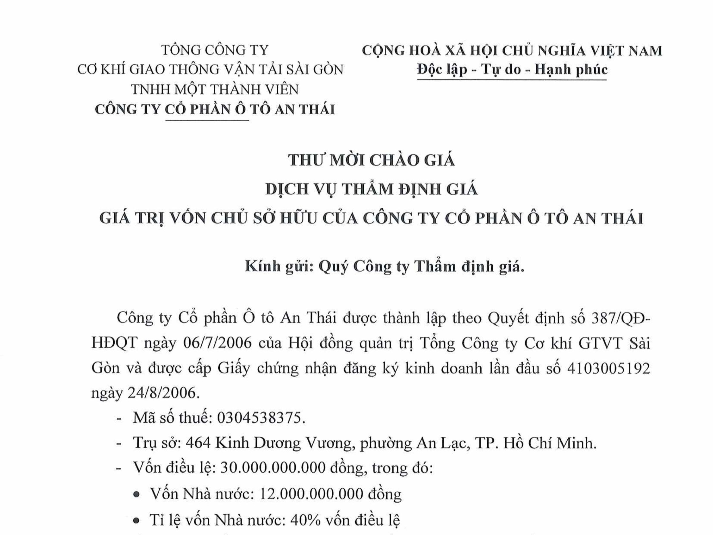 THƯ MỜI CHÀO GIÁ - DỊCH VỤ THẨM ĐỊNH GIÁ - GIÁ TRỊ VỐN CHỦ SỞ HỮU CỦA CÔNG TY CỔ PHẦN Ô TÔ AN THÁI 